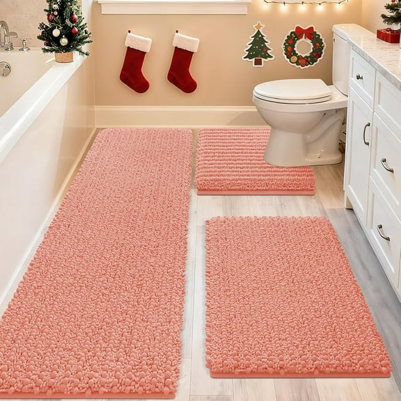 HAKUNA Upgrade Extra Large Coral Bathroom Rug Set 3 Pieces Ultra Soft, Thick Absorbent Bath Mats, Non Slip Chenille Toilet Mat for Bathroom, Bedroom, Kitchen