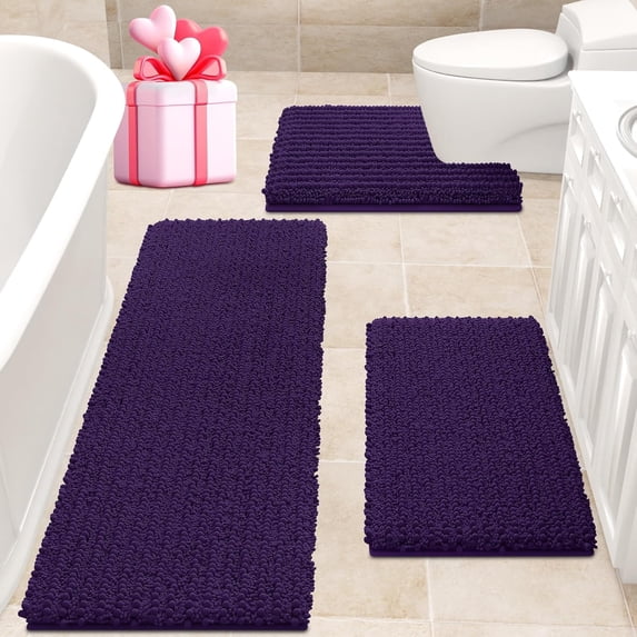 HAKUNA Upgrade Extra Large Dark Purple Bathroom Rug Set 3 Pieces Ultra Soft, Thick Absorbent Bath Mats, Non Slip Chenille Toilet Mat for Bathroom, Bedroom, Kitchen, Egglant