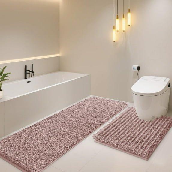 HAKUNA Upgrade Extra Large Dusty Pink Bathroom Rug Set 2 Pieces U Shape 24"x20"+48"x20" Ultra Soft, Thick Absorbent Bath Mats, Non Slip Chenille Toilet Mat for Bathroom, Bedroom, Kitchen