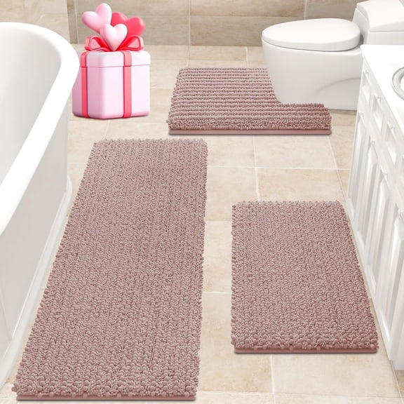 HAKUNA Upgrade Extra Large Dusty Pink Bathroom Rug Set 3 Pieces Ultra Soft, Thick Absorbent Bath Mats, Non Slip Chenille Toilet Mat for Bathroom, Bedroom, Kitchen