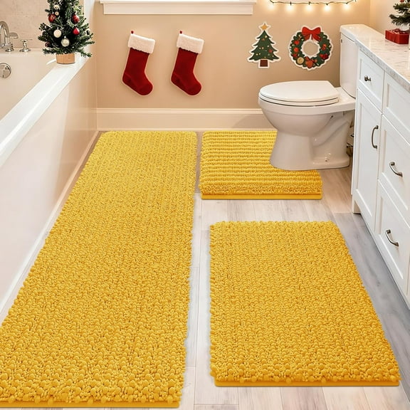 HAKUNA Upgrade Extra Large Gold Bathroom Rug Set 3 Pieces Ultra Soft, Thick Absorbent Bath Mats, Non Slip Chenille Toilet Mat for Bathroom, Bedroom, Kitchen, Yellow