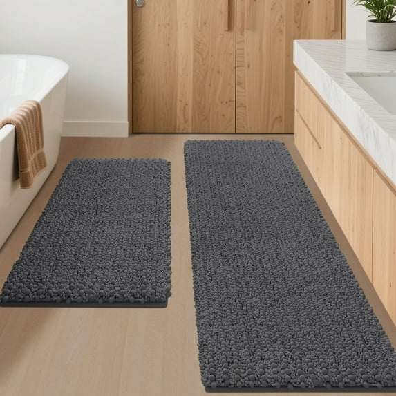 HAKUNA Upgrade Extra Large Grey Bathroom Rug Set 2 Pieces 24"x17"+48"x20" Ultra Soft, Thick Absorbent Bath Mats, Non Slip Chenille Toilet Mat for Bathroom, Bedroom, Kitchen