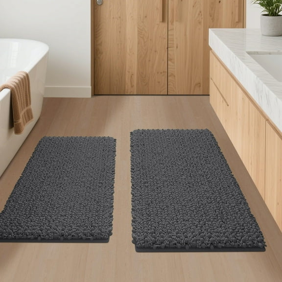 HAKUNA Upgrade Extra Large Grey Bathroom Rug Set 2 Pieces 32"x20"+24"x17" Ultra Soft, Thick Absorbent Bath Mats, Non Slip Chenille Toilet Mat for Bathroom, Bedroom, Kitchen