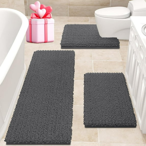 HAKUNA Upgrade Extra Large Grey Bathroom Rug Set 3 Pieces Gray Ultra Soft, Thick Absorbent Bath Mats, Non Slip Chenille Toilet Mat for Bathroom, Bedroom, Kitchen, Charcoal