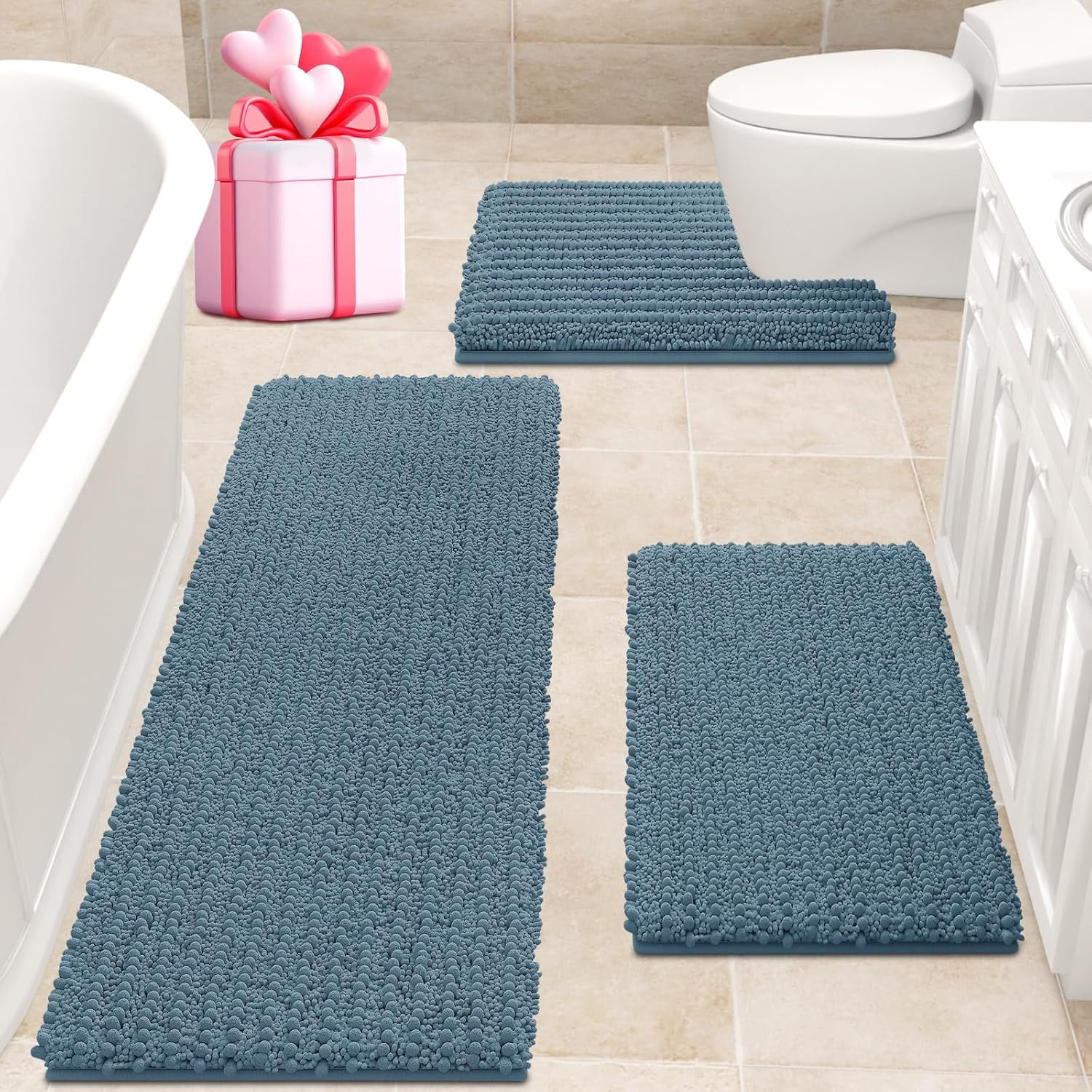 HAKUNA Upgrade Extra Large Haze Blue Bathroom Rug Set 3 Pieces Ultra Soft, Thick Absorbent Bath Mats, Non Slip Chenille Toilet Mat for Bathroom, Bedroom, Kitchen, Stone Blue