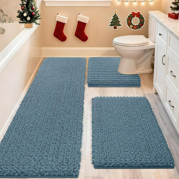 HAKUNA Upgrade Extra Large Haze Blue Bathroom Rug Set 3 Pieces Ultra Soft, Thick Absorbent Bath Mats, Non Slip Chenille Toilet Mat for Bathroom, Bedroom, Kitchen, Stone Blue
