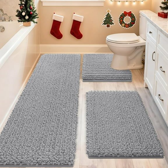 HAKUNA Upgrade Extra Large Light Grey Bathroom Rug Set 3 Pieces Gray Ultra Soft, Thick Absorbent Bath Mats, Non Slip Chenille Toilet Mat for Bathroom, Bedroom, Kitchen