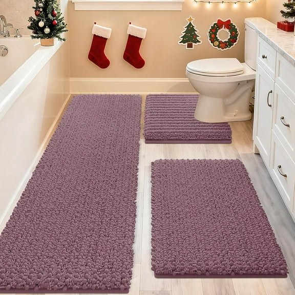 HAKUNA Upgrade Extra Large Mauve Bathroom Rug Set 3 Pieces Ultra Soft, Thick Absorbent Bath Mats, Non Slip Chenille Toilet Mat for Bathroom, Bedroom, Kitchen