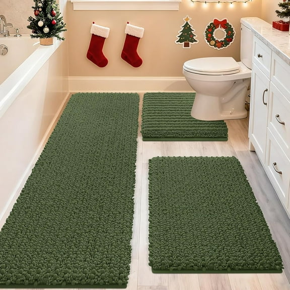 HAKUNA Upgrade Extra Large Oliver Green Bathroom Rug Set 3 Pieces Ultra Soft, Thick Absorbent Bath Mats, Non Slip Chenille Toilet Mat for Bathroom, Bedroom, Kitchen