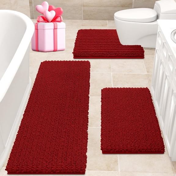HAKUNA Upgrade Extra Large Red Bathroom Rug Set 3 Pieces Ultra Soft, Thick Absorbent Bath Mats, Non Slip Chenille Toilet Mat for Bathroom, Bedroom, Kitchen