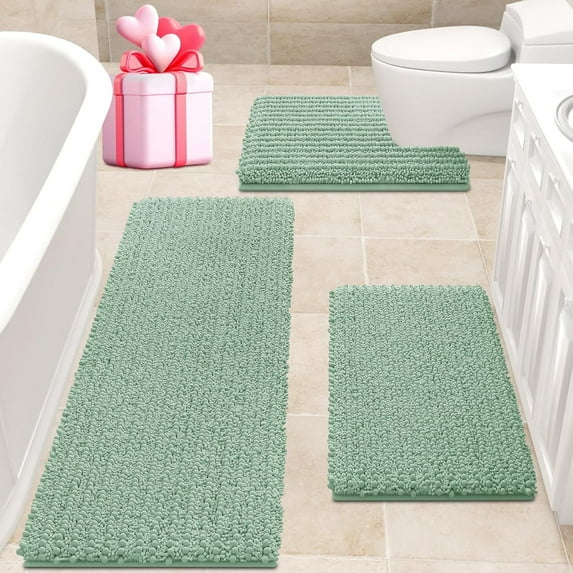 HAKUNA Upgrade Extra Large Sage Bathroom Rug Set 3 Pieces Ultra Soft, Thick Absorbent Bath Mats, Non Slip Chenille Toilet Mat for Bathroom, Bedroom, Kitchen, Mint