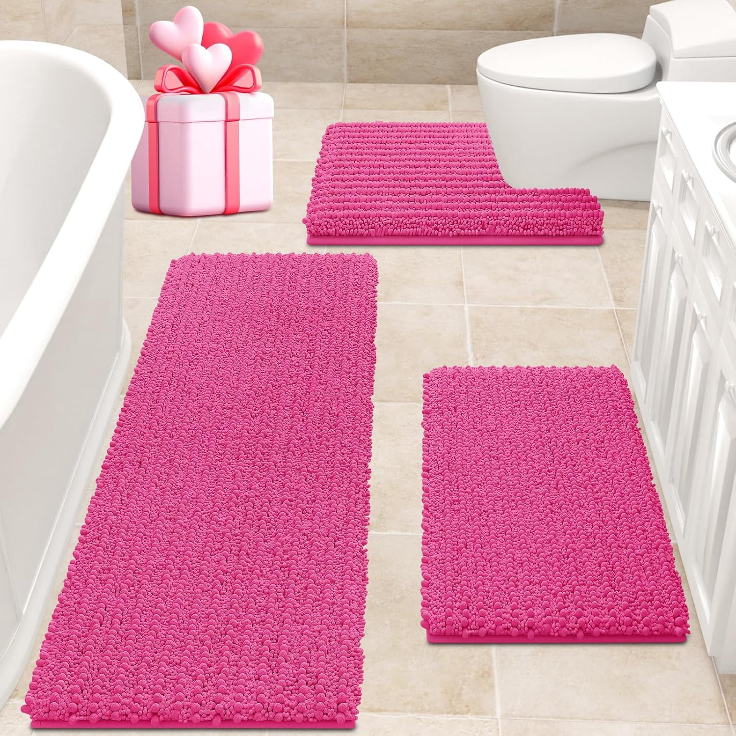HAKUNA Upgrade Extra Large Shiny Pink Bathroom Rug Set 3 Pieces Ultra Soft, Thick Absorbent Bath Mats, Non Slip Chenille Toilet Mat for Bathroom, Bedroom, Kitchen