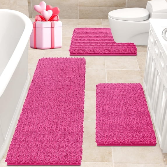 HAKUNA Upgrade Extra Large Shiny Pink Bathroom Rug Set 3 Pieces Ultra Soft, Thick Absorbent Bath Mats, Non Slip Chenille Toilet Mat for Bathroom, Bedroom, Kitchen