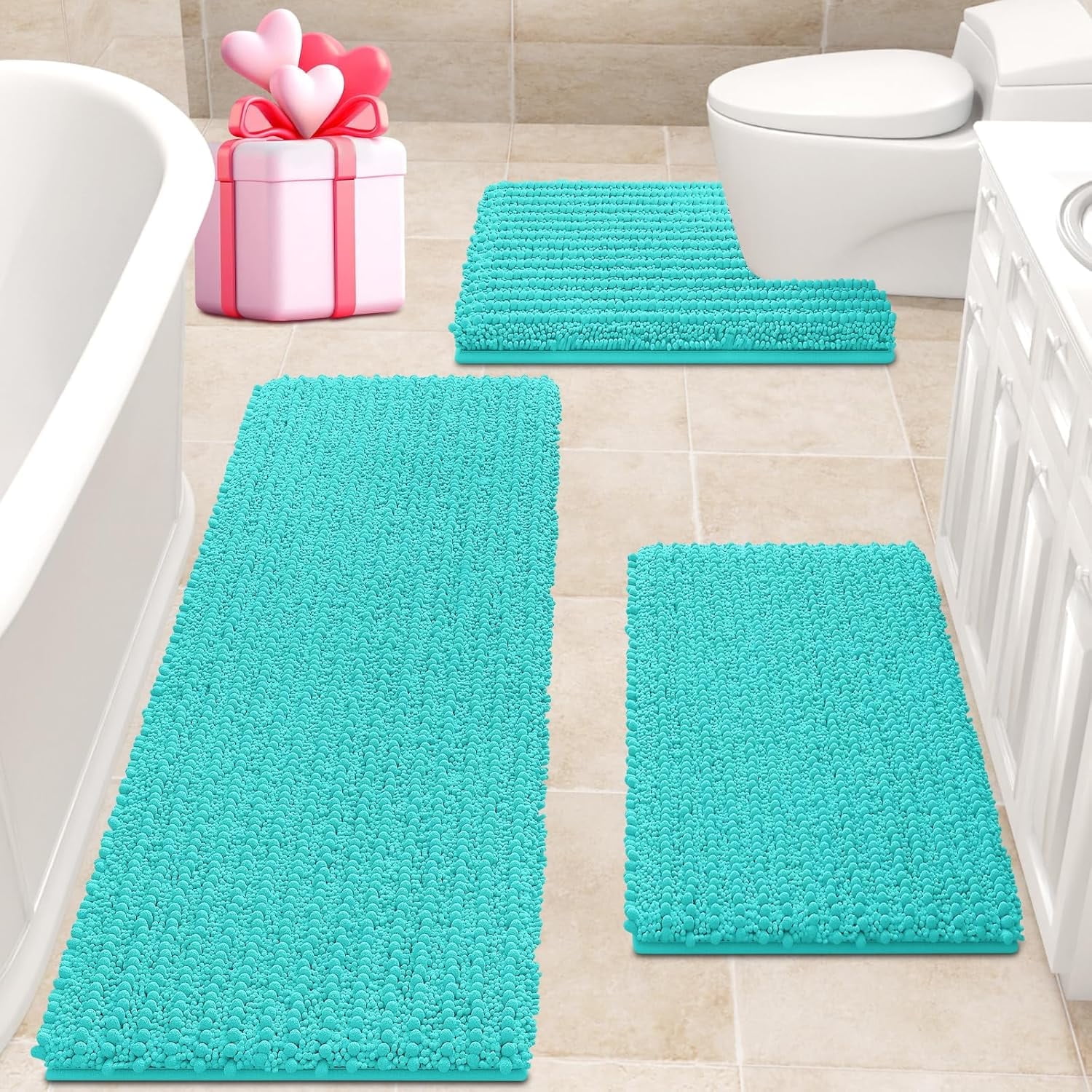 Upgrade Extra Large Teal Green Bathroom Rug Set 3 Pieces Ultra Soft, Thick Absorbent Bath Mats, Non Slip Chenille Toilet Mat for Bathroom, Bedroom, Kitchen, Turquoise