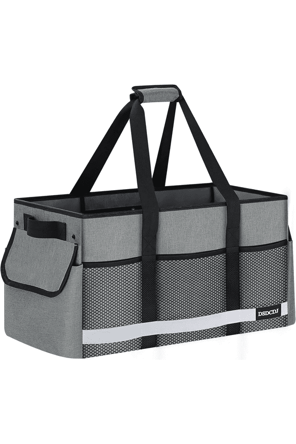 Upgrade Extra Large Utility Tote Bag with Reflective Strip, Standing Reusable Grocery Bags with Hard Bottom, Collapsible Utility Tote with Handles for Shopping, Beach, Picnics, Car, Black