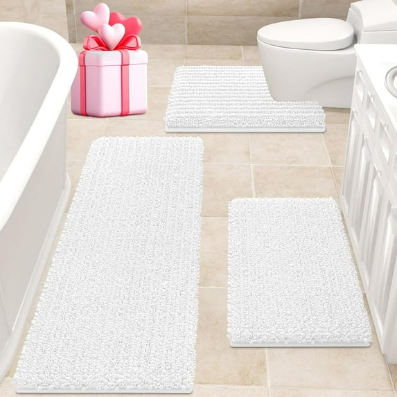 HAKUNA Upgrade Extra Large White Bathroom Rug Set 3 Pieces Ultra Soft, Thick Absorbent Bath Mats, Non Slip Chenille Toilet Mat for Bathroom, Bedroom, Kitchen