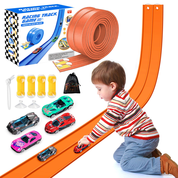 16 Ft Flexible Race Track for Kids, Portable Racetrack with 5 Car & Suction Cups, Compatible with 1/64 Diecast Cars, Classic Long Rolls up Race Track for Boys Girls (Orange)