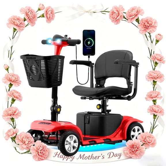 Upgrade Foldable 4 Wheels Mobility Scooter for Seniors,Electric Folding Wheelchair Device with Removable Battery,Red