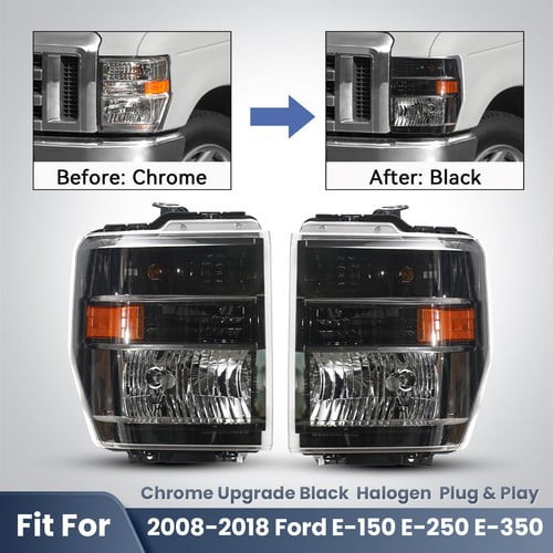 Upgrade Halogen Headlight 2008-2018 Ford E-150 E-250 E-350 Black Conversion Pair