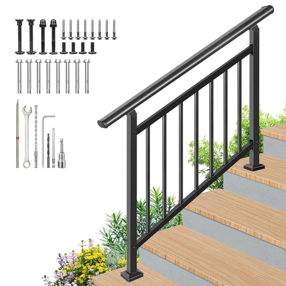 Upgrade Handrails for Outdoor Steps, Adjustable 4 Step Stair Railing Kit, Easy DIY Installation Kit Included, Black Wrought Iron Hand Rails for Outdoor Steps, 2 in 1 Stair&Horizontal Railing