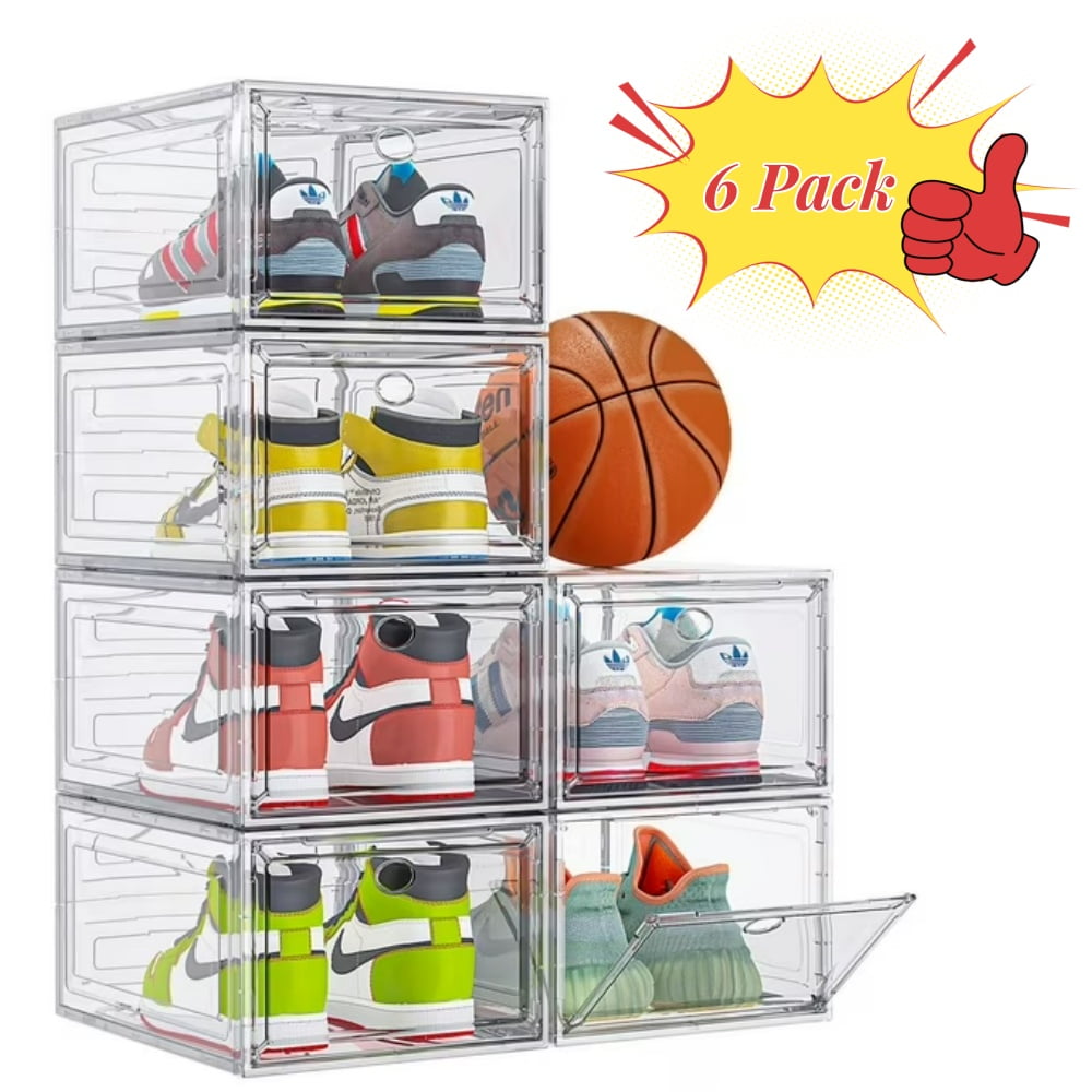 OKENTEN 6-Pack Transparent Sturdy Shoe Storage Boxes with Magnetic Front Doors, Stackable Organizer