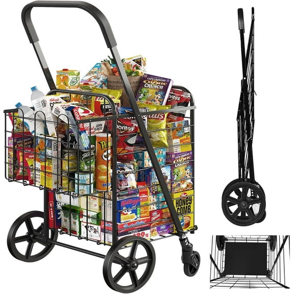 Upgrade Huge Grocery Cart on Wheels, Heavy Duty Foldable Utility Shopping Carts with Double Basket Large Capacity and 360° Rolling Swivel Wheels for Groceries Laundry Transport (Black, Large)