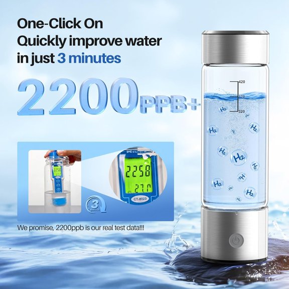 Upgrade Hydrogen Water Bottle, 3Min 2200PPB Rapid Hydrogen Water Generator -SPE PEM Tech, 14OZ Portable Hydro Water Machine, Health Care Gifts for Wife, Family, Friends, Travel (Sliver)$$