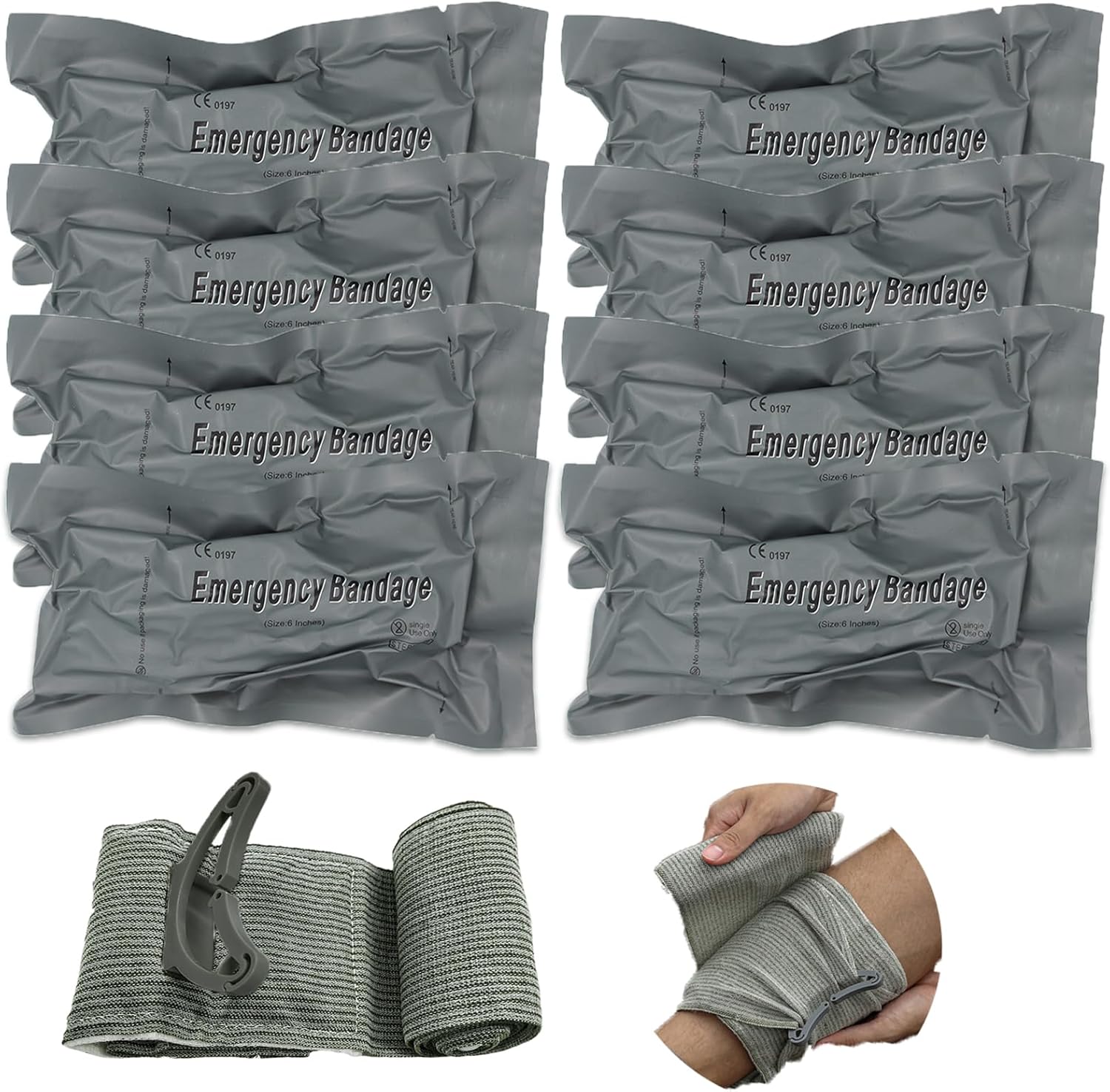 Upgrade Israeli Style Emergency Bandage, 8Pack 6 Inch Compression Bandage for Emergency Wound Dressing, First Aid and IFAK Trauma Kit