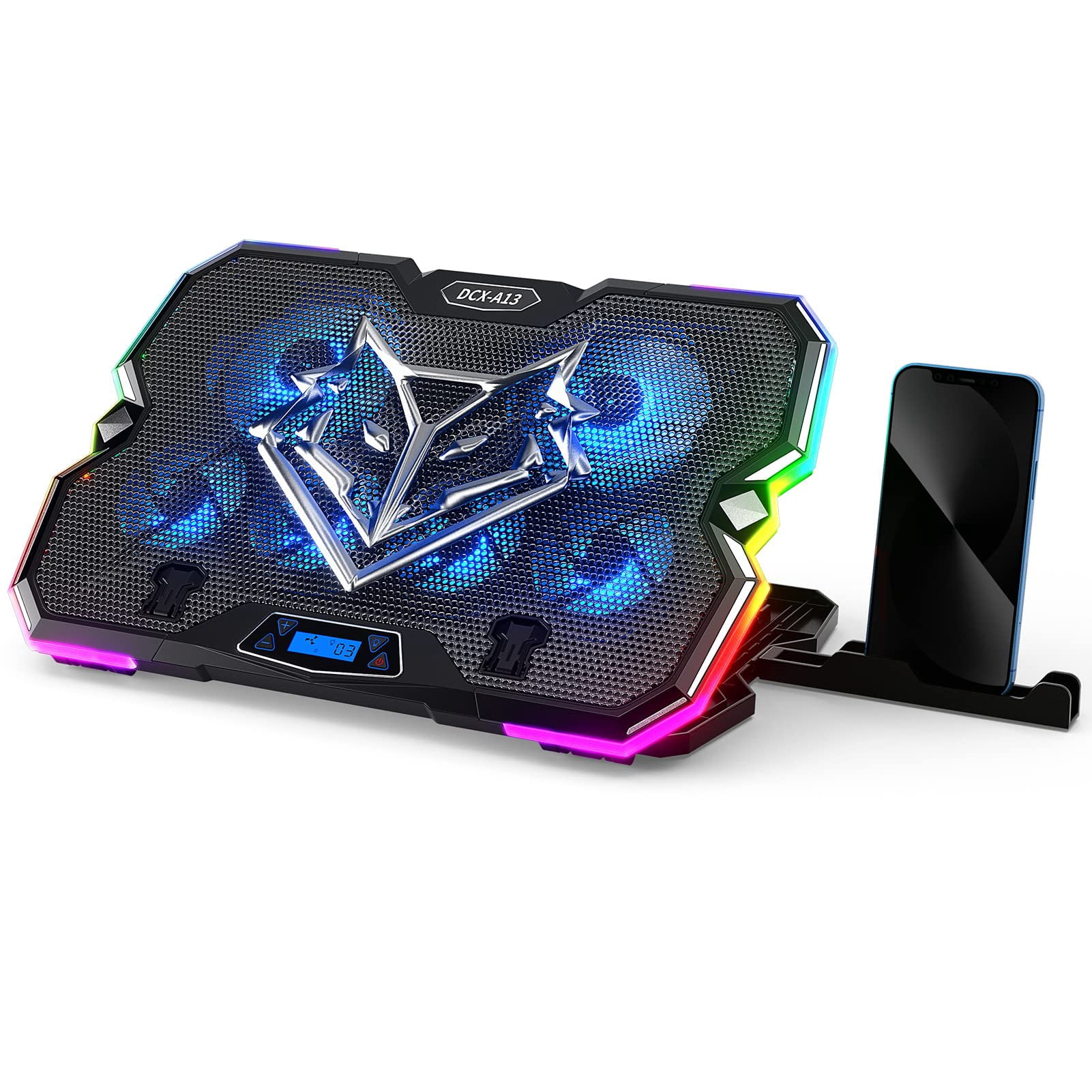 Upgrade Laptop Pad A13 Rgb Lights Cooler 6 Fans For Up To 15.6 Inch Laptops 10 Modes Light  7 Height Stands 2 Usb Ports - Blue