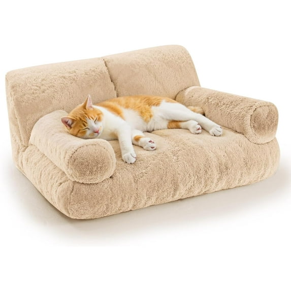 Upgrade Large Cat Bed for Indoor Cats -Added 10% More Stuff Sponge, Orthopedic Pet Couch Beds with Bolstered Edges, Fluffy Washable & Removable Cover, Anti Slip Base,Teak Milk Color