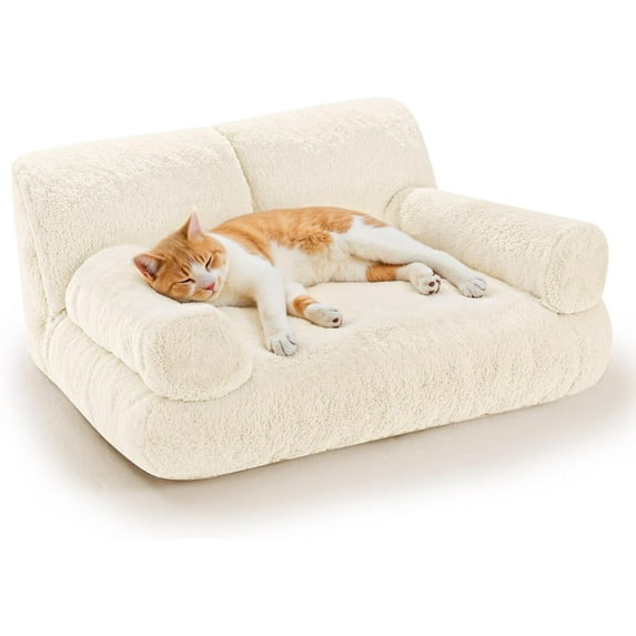 Large Bed for Indoor Cats -Added 10% Stuff Sponge, Pet Couch Beds with Bolstered Edges, Fluffy Washable & Removable Cover, Anti Slip Base, White