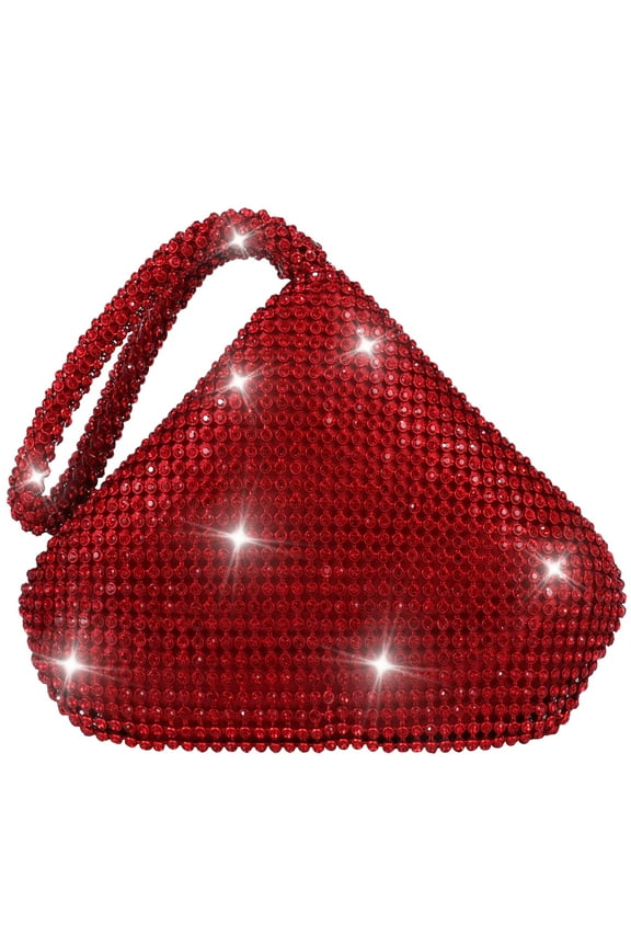 Upgrade Large Size Women Triangle Full Rhinestones Crystal Evening Clutch Bag Party Prom Wedding Purse, Red