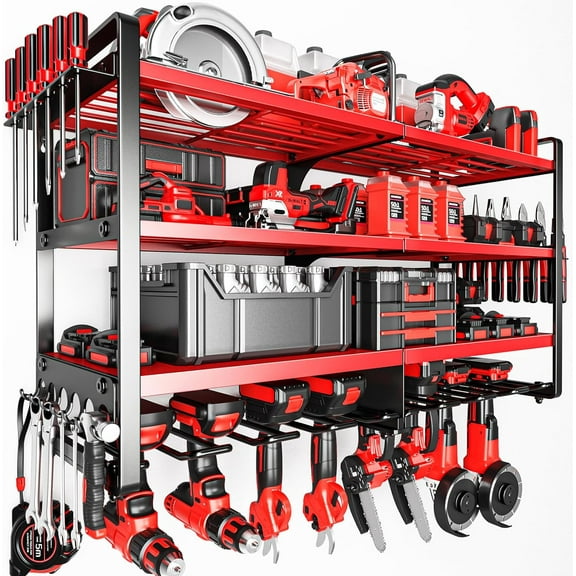 Upgrade Large power tool organizer Wall Mount,4 Layers Heavy Duty Metal Loads 400lbs Power Tool Hanger Shelf Battery Storage with 8 Cordless Drill Bit Holder,Utility Racks for Garage Tool Room
