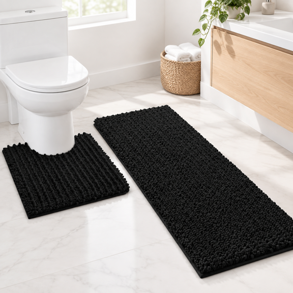 Upgrade Luxury 2 Piece Black Toilet Bathroom Rug Mat U Shape 24"x20"+48"x20" Ultra Soft Thick Absorbent Bath Mats Non Slip Chenil