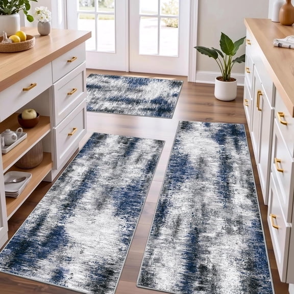 Upgrade Non Slip Kitchen Rugs Sets of 3 Washable Kitchen Mats for Floor Abstract Kitchen Runner Rug Soft Floor Mat Set Kitchen Carpet Rugs for Hallway, Laundry, Entryway, Office, Blue Grey
