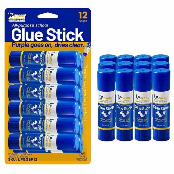 Upgrade Office Supply Acid-Free All Purpose School Glue Sticks, 6g, 12 Count, Purple Goes On Dries Clear, Washable, Non-Toxic