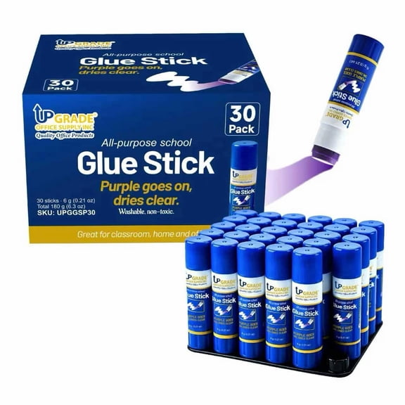 Upgrade Office Supply All Purpose School Glue Sticks, 6g, 30 Count, Fast Drying, Purple Goes on Dries Clear, Washable, Non Toxic