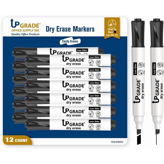 Upgrade Office Supply Dry Erase Markers, Black Low Odor Ink, Chisel Tip, 12 Count