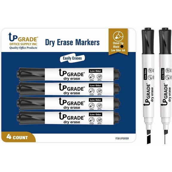 Upgrade Office Supply Dry Erase Markers, Black Low Odor Ink, Chisel Tip, 4 Count