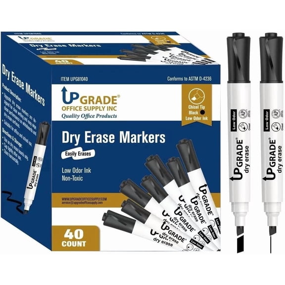 Upgrade Office Supply Dry Erase Markers, Black Whiteboard Markers, Low Odor Ink, Chisel Tip, 40 Count