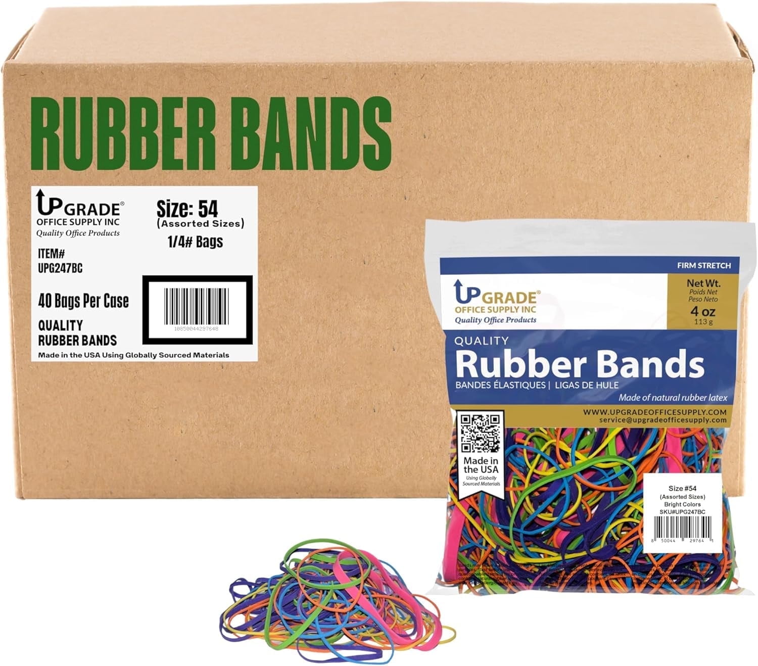 Upgrade Rubber Bands, Assorted Sizes & Bright Colors, Non-Latex, 40-Bag Case Pack, USA