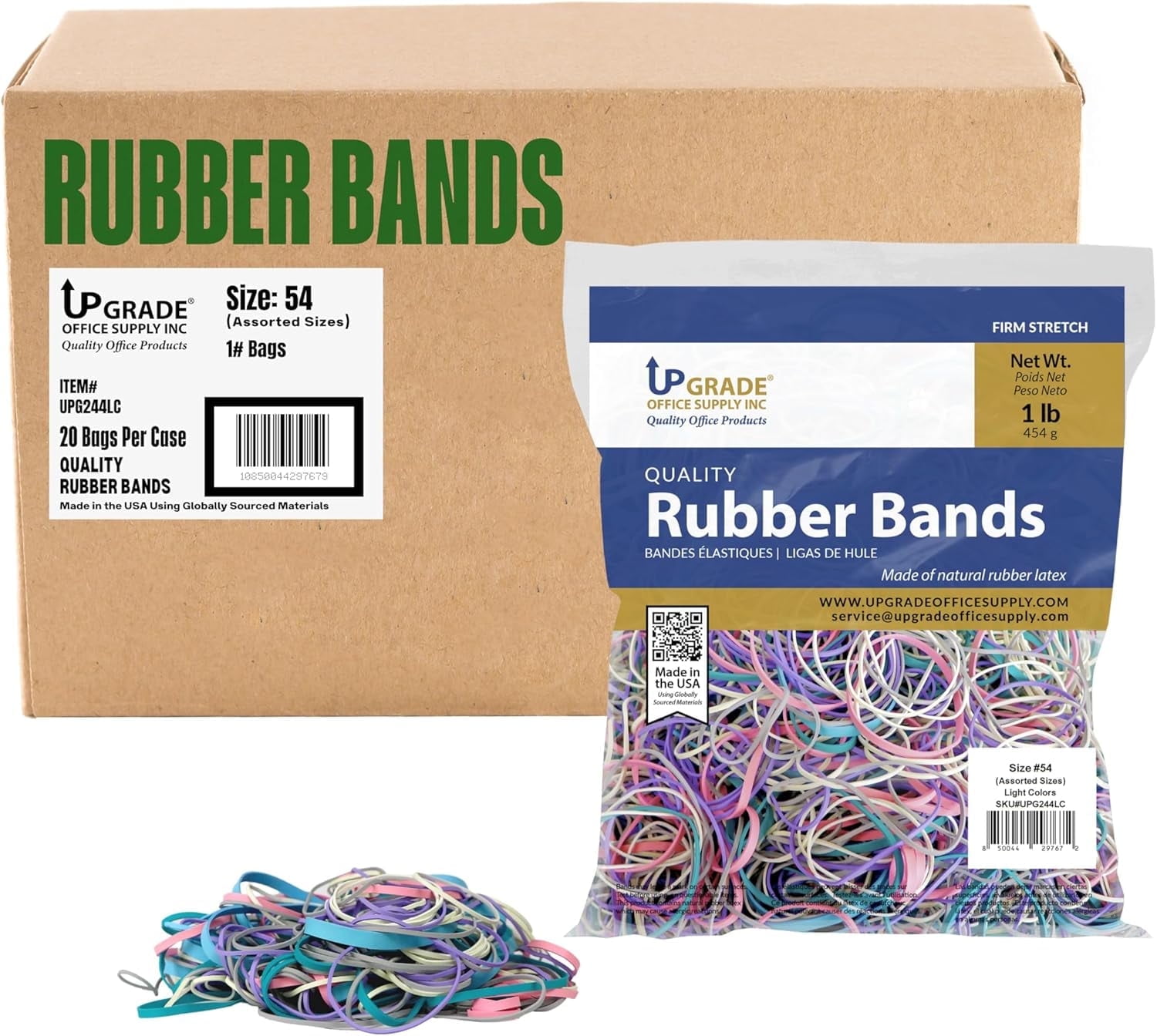 Upgrade Rubber Bands, Assorted Sizes & Light Colors, Non-Latex, 1 lb Bags, 20-Pack Case, USA