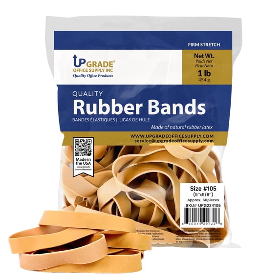 Upgrade Office Supply Size 105 Rubber Bands, 1 lb Bag, Approx. 60 Count, Natural Rubber Latex, Made in USA