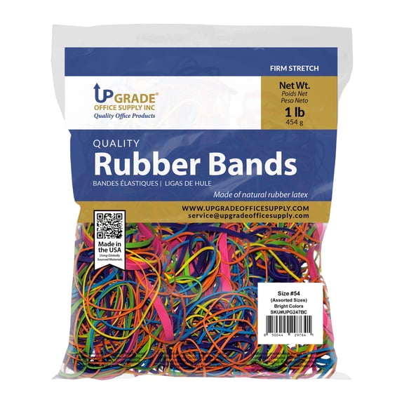Upgrade Office Supply Size 54 Rubber Bands, 1 lb Bag, Assorted Sizes, Bright Colors, Non Latex Rubber, Made in USA
