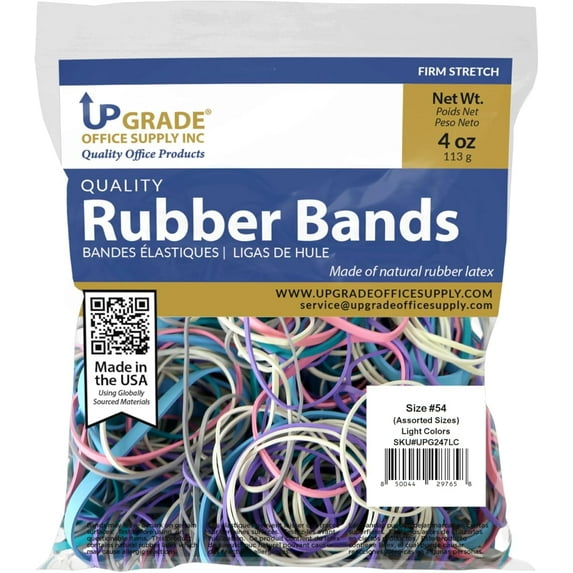 Upgrade Rubber Bands, Assorted Sizes & Light Colors, Non-Latex, 1/4 lb Bag, USA