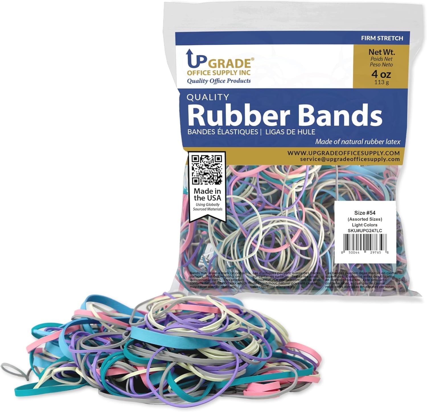 Upgrade Office Supply UPG247LC Rubber Bands, Size #54, Assorted Light Colors, 1/4 lb. Bag, Made in USA