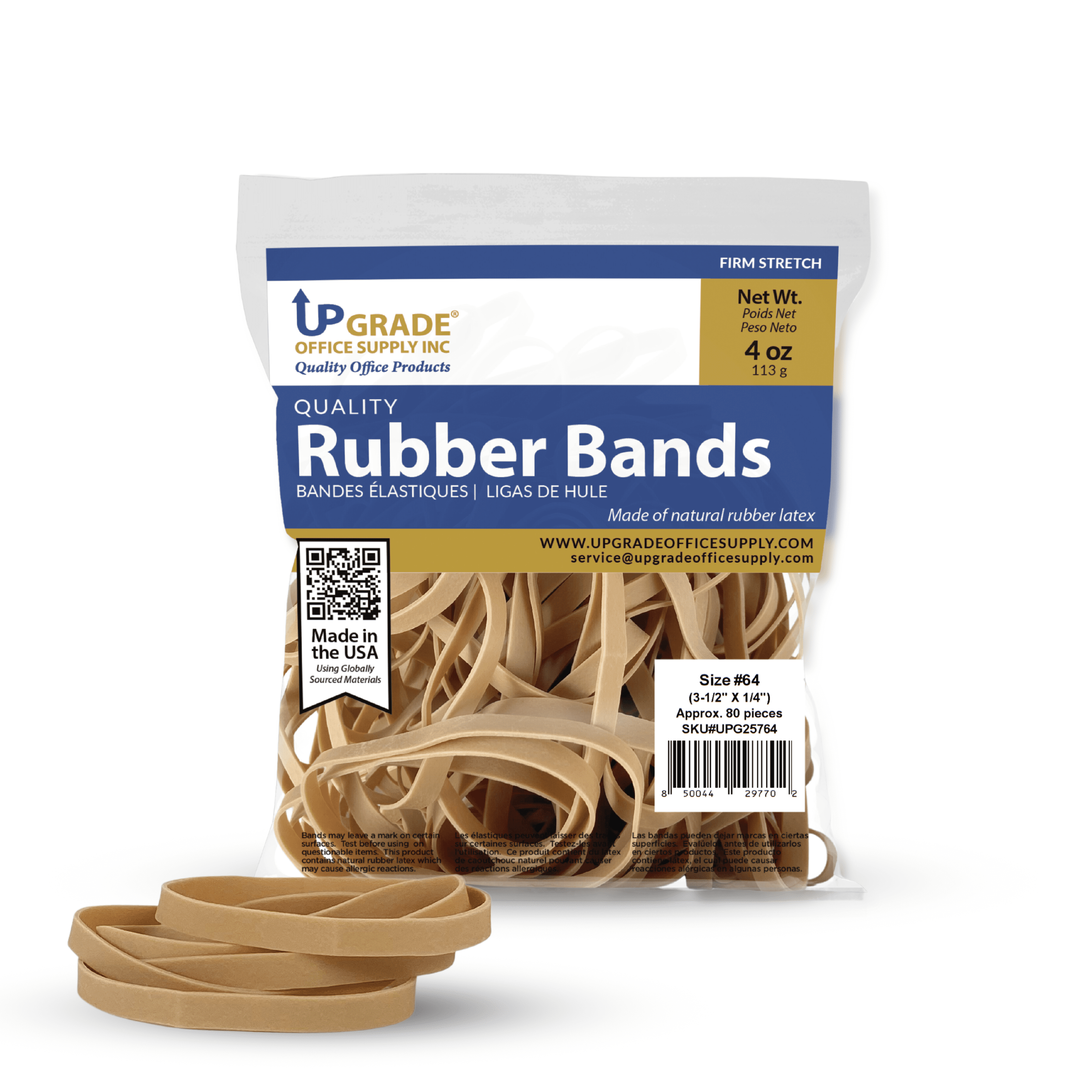 Upgrade Office Supply UPG25764 Rubber Bands, Size #64 (3-1/2 x 1/4), 80 Bands, 1/4 lb Bag, Made in USA