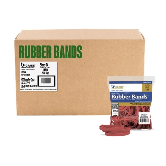 Upgrade Office Supply UPG25764RCS Rubber Bands, Size 64 (3-1/2 x 1/4), Red, 80 Bands per 1/4 lb, 100 Bag Case Pack (25 Pounds), Made in USA