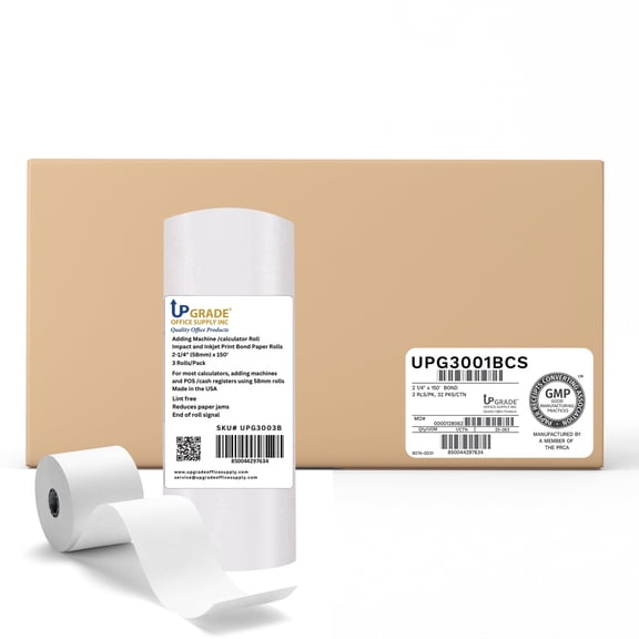 Upgrade Office Supply UPG3003BCS Adding Machine Tape, 2-1/4 in x 150 ft, 3 Rolls per Pack, 32-Pack Case, Made in USA