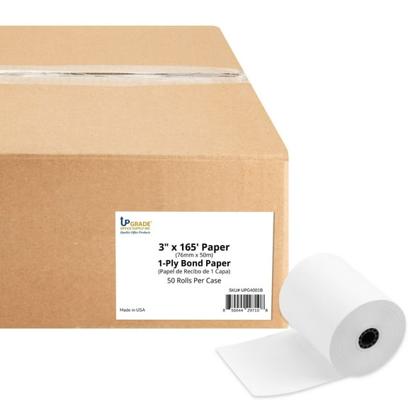 Upgrade Office Supply UPG4001B 1-Ply Bond Receipt Paper 3" x 165' (76 mm x 50m), Core Size 7 /16, Single Ply White Bond, POS Cash Register Paper, 50 Rolls per Case, Made in USA
